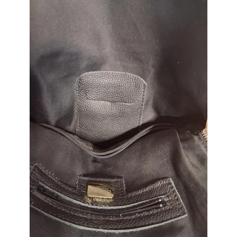 L.Credi Black Genuine Leather Backpack With Gold-Tone Hardware & Multiple Compar